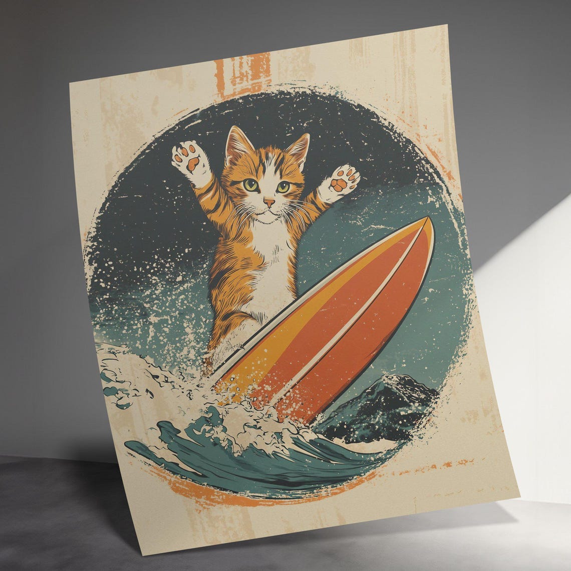 Retro Surfing Kitten Riding Wave Vintage Coastal Cat Wall Art Poster - Image 3