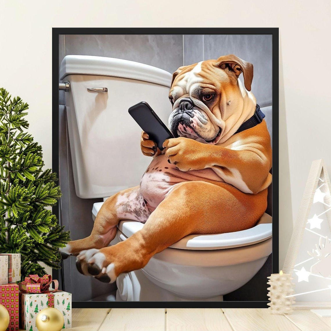 Bulldog On Toilet Holding Phone Funny Bathroom Wall Poster Decor