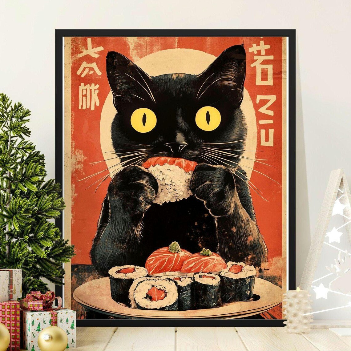 Vintage Black Cat Eating Salmon Sushi Retro Japanese Kitchen Art Poster