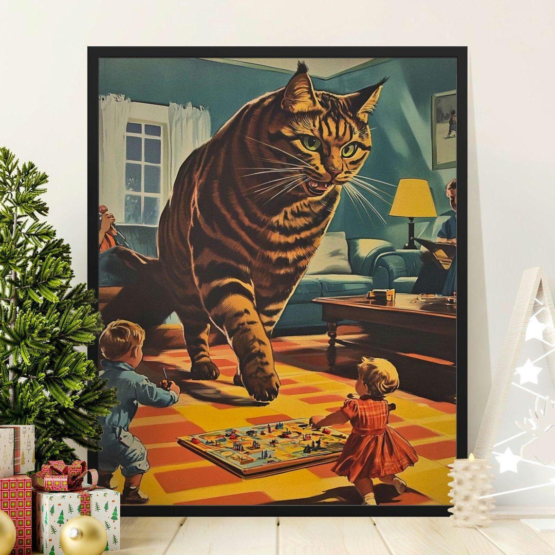 Giant Cat Looming Over Kids Retro Surreal Funny Cat Art Poster
