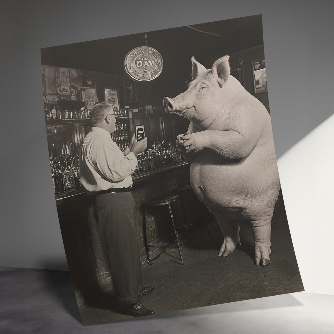 Vintage Pig At Bar Black And White Pub Scene Funny Photo Poster - Image 3