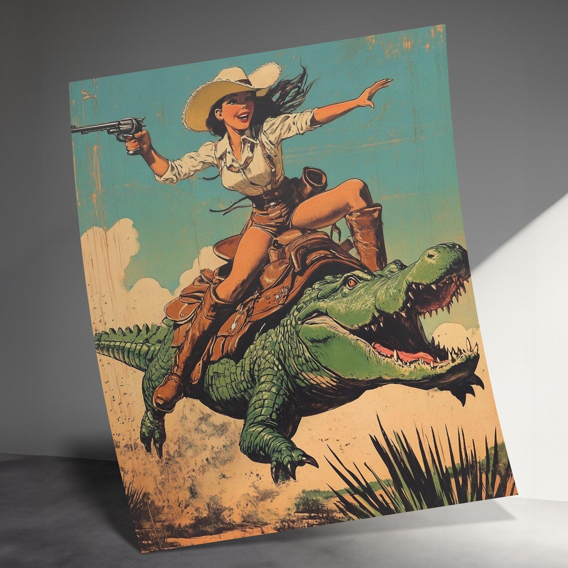 Cowgirl With Pistol Riding Alligator Pulp Western Adventure Poster - Image 3