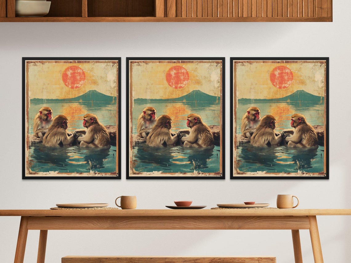 Japanese Snow Monkeys Hot Spring Mount Fuji Sunset Vintage Art Poster - Image 3