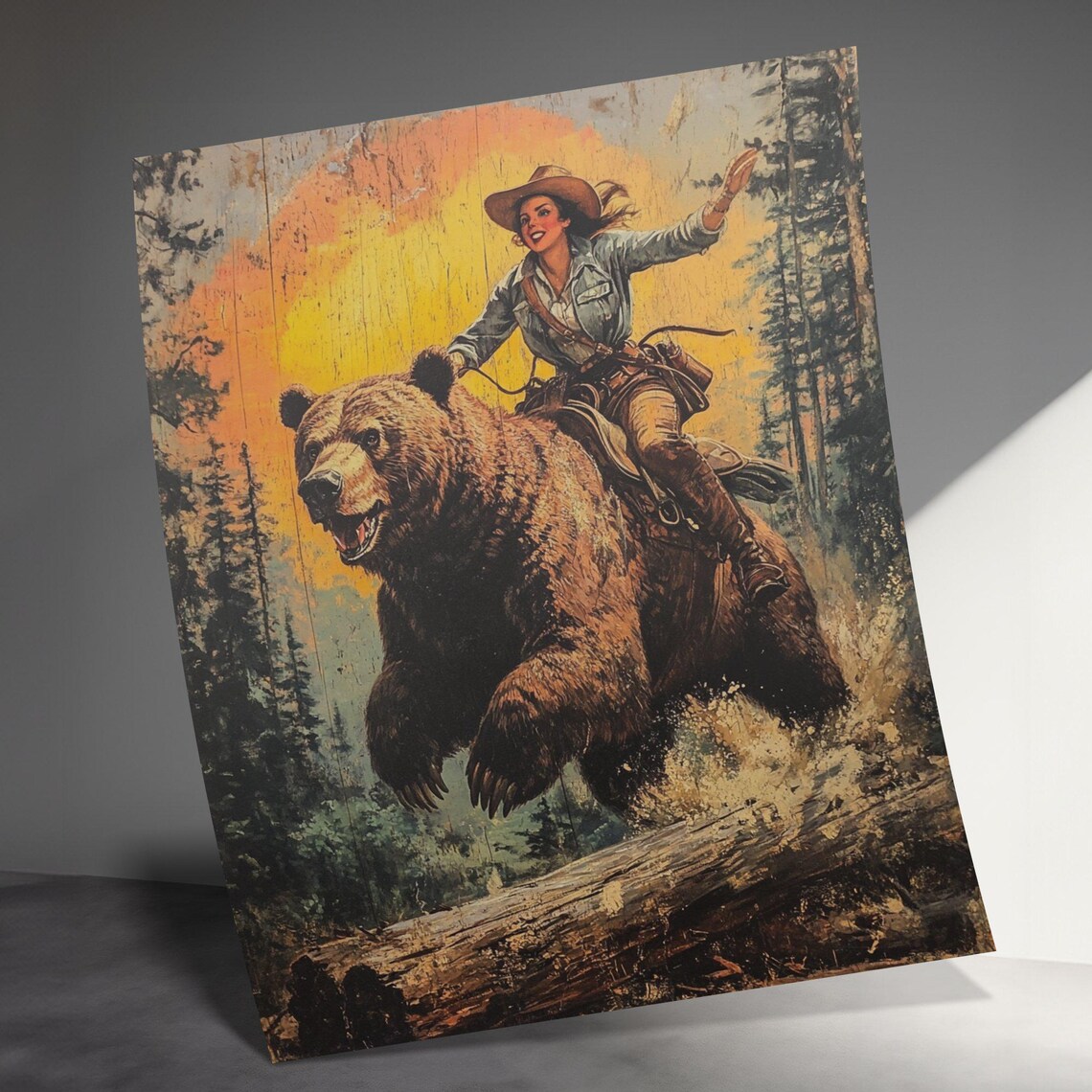 Vintage Cowgirl Riding Bear Western Art Print - Image 3