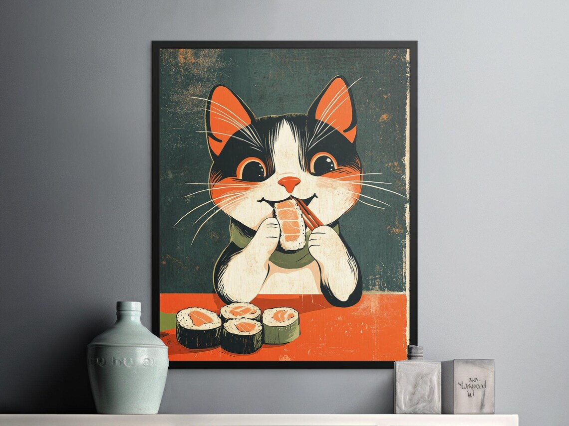 Cute Cartoon Cat Eating Salmon Sushi Retro Japanese Kitchen Poster - Image 2