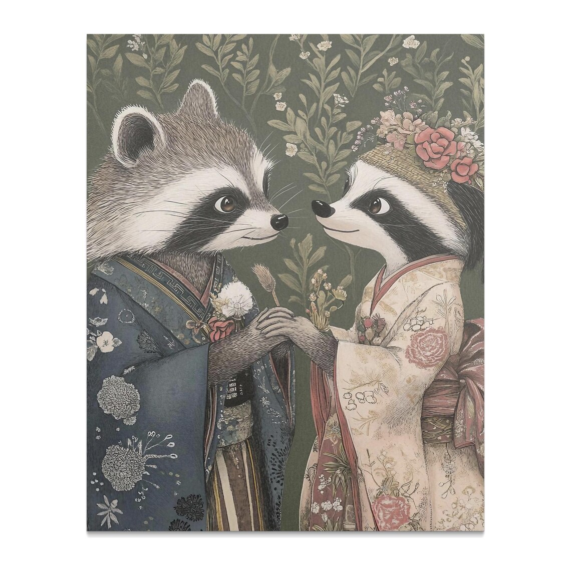 Raccoon Couple Kimono Wedding Floral Cute Animal Wall Art Poster - Image 2