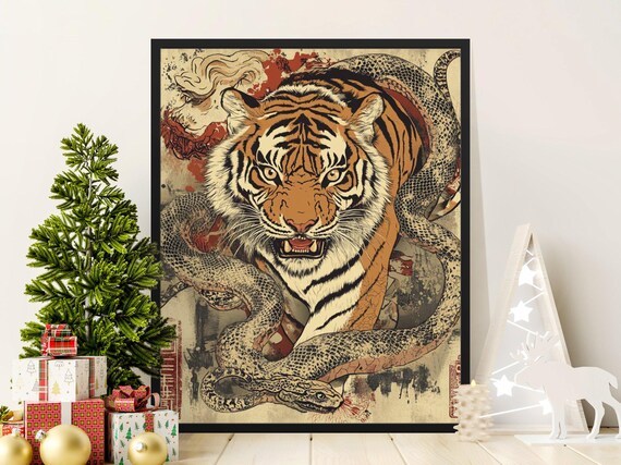Tiger Entwined With Snake Ukiyo E Style Japanese Wildlife Poster