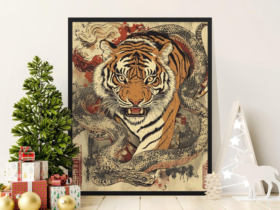 Tiger Entwined With Snake Ukiyo E Style Japanese Wildlife Poster