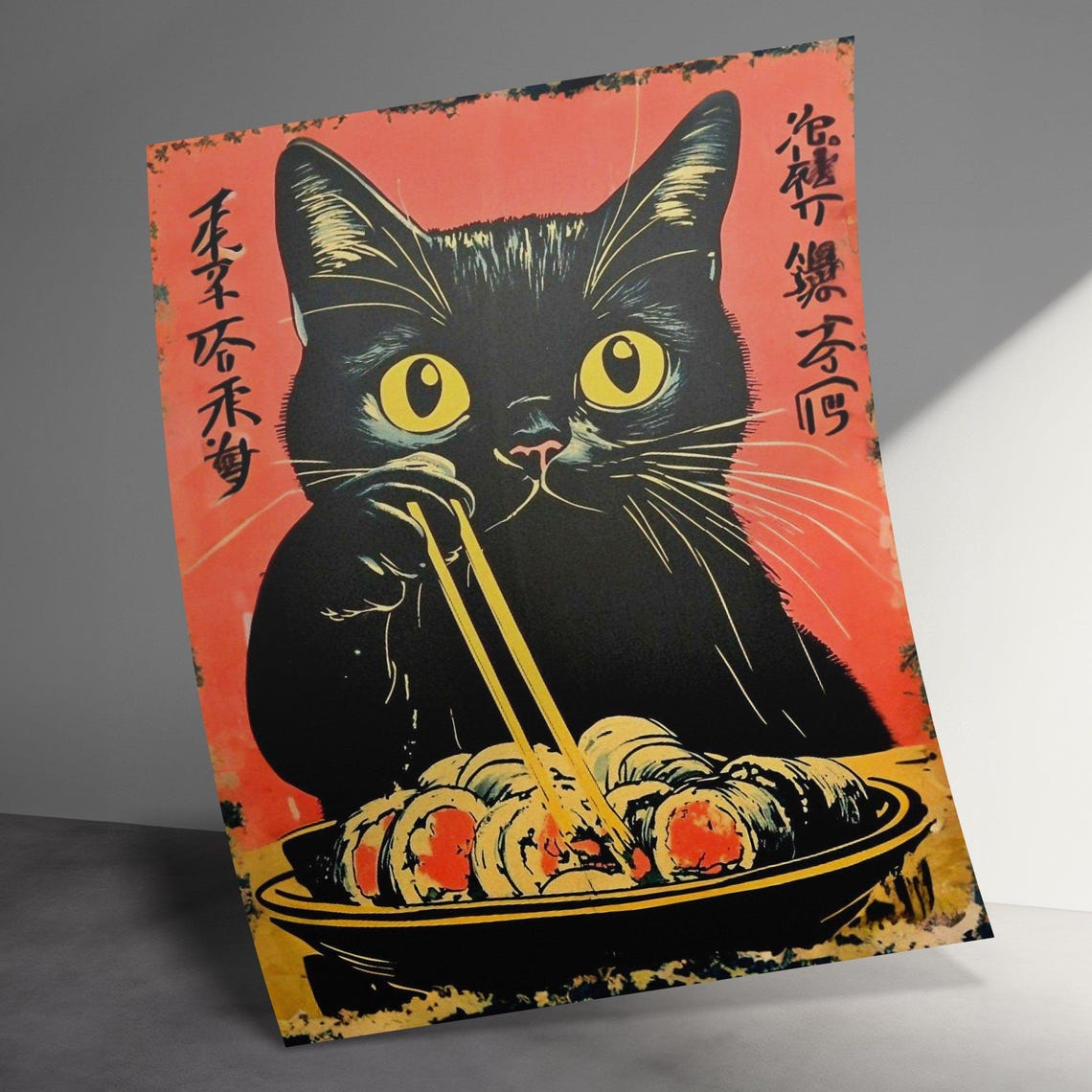 Black Cat Slurping Sushi With Chopsticks Retro Japanese Poster - Image 3
