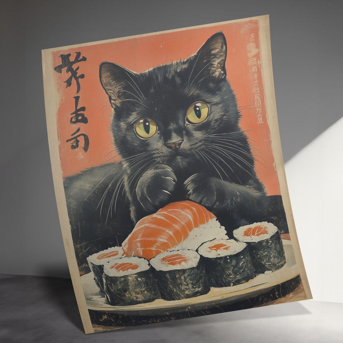 Black Cat Eating Sushi Rolls Salmon Nigiri Japanese Food Poster - Image 3