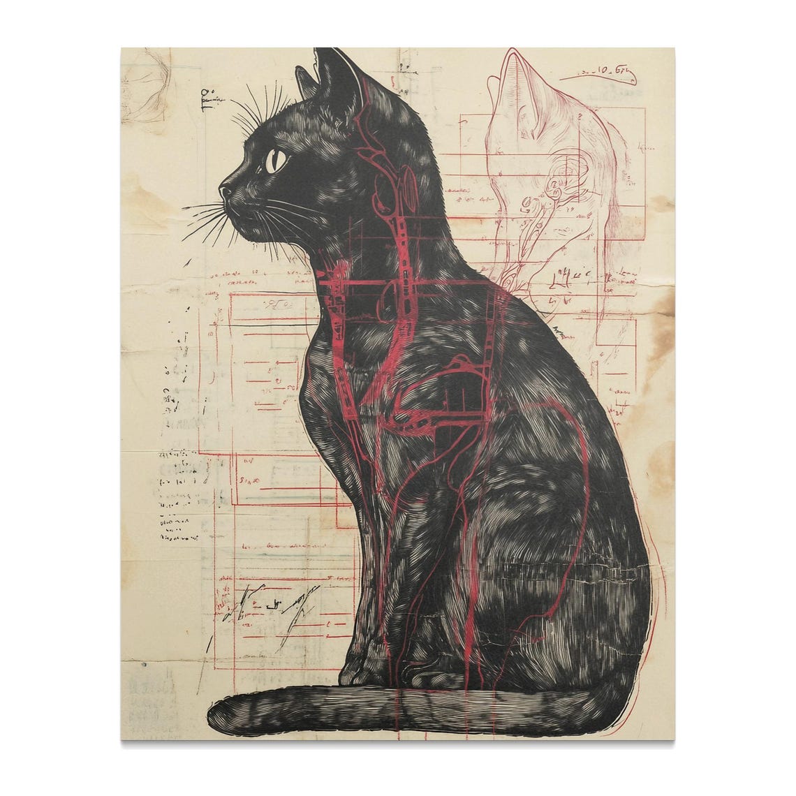 Black Cat Anatomy Illustration Vintage Blueprint Diagram Style Poster - Image 2