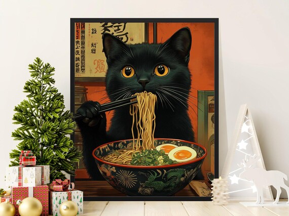 Black Cat Eating Ramen Chopsticks Egg Scallions Vintage Poster