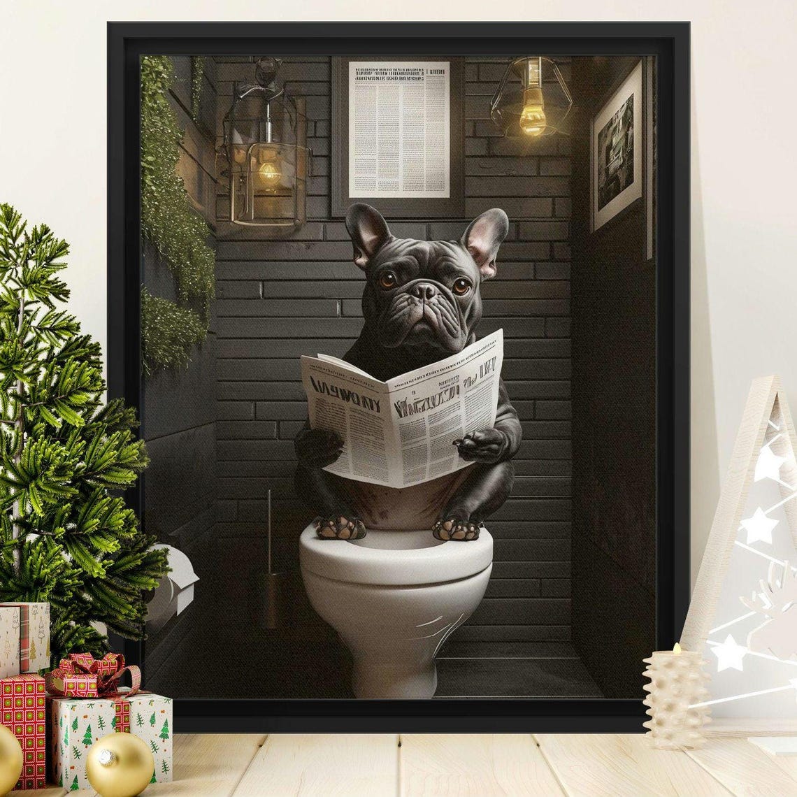 Funny French Bulldog Toilet Wall Art Print Bathroom Decor Poster French Bulldog Reading Newspaper Animal Humor Art Dog Lover Gift
