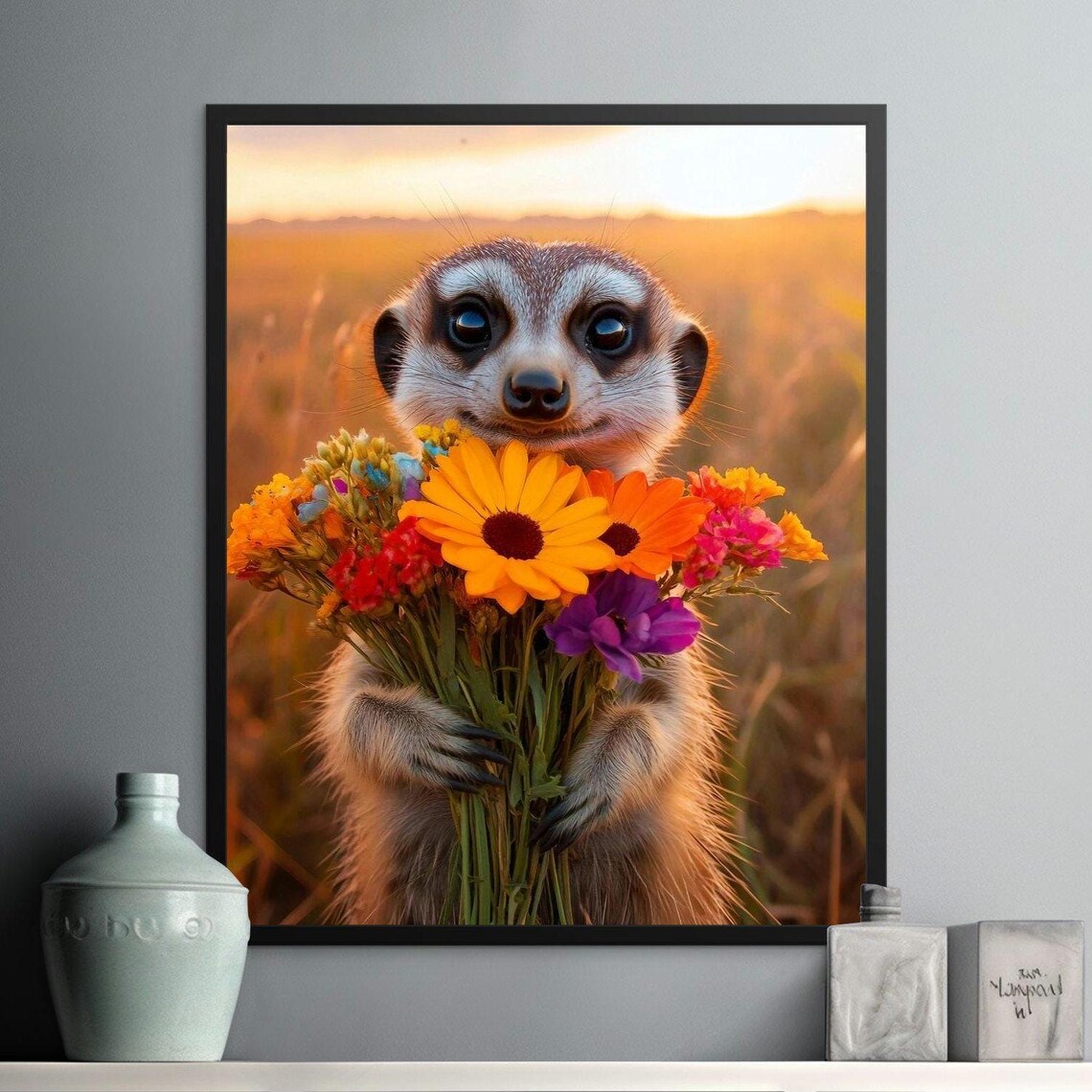 Meerkat Holding Colorful Flower Bouquet Sunset Savanna Cute Wall Art