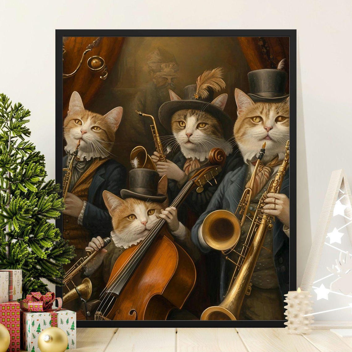Victorian Cats Jazz Band Playing Brass Instruments Vintage Poster