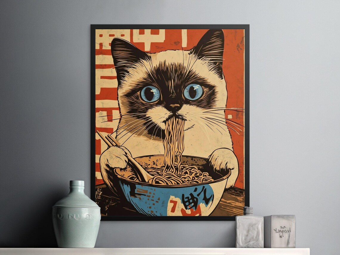 Siamese Cat With Blue Eyes Eating Noodles Retro Japanese Ramen Art Poster - Image 2
