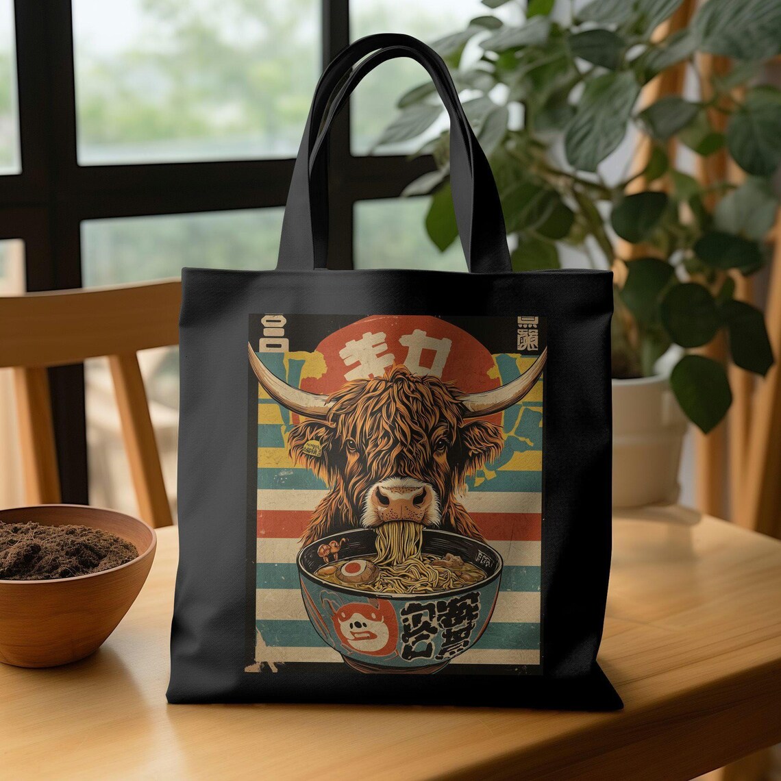 Highland Cow Slurping Ramen Retro Japanese Style Graphic Poster