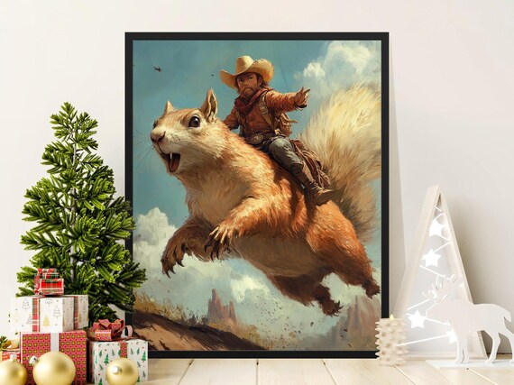 Cowboy Riding Giant Leaping Squirrel Cloud Sky Surreal Western Art Poster