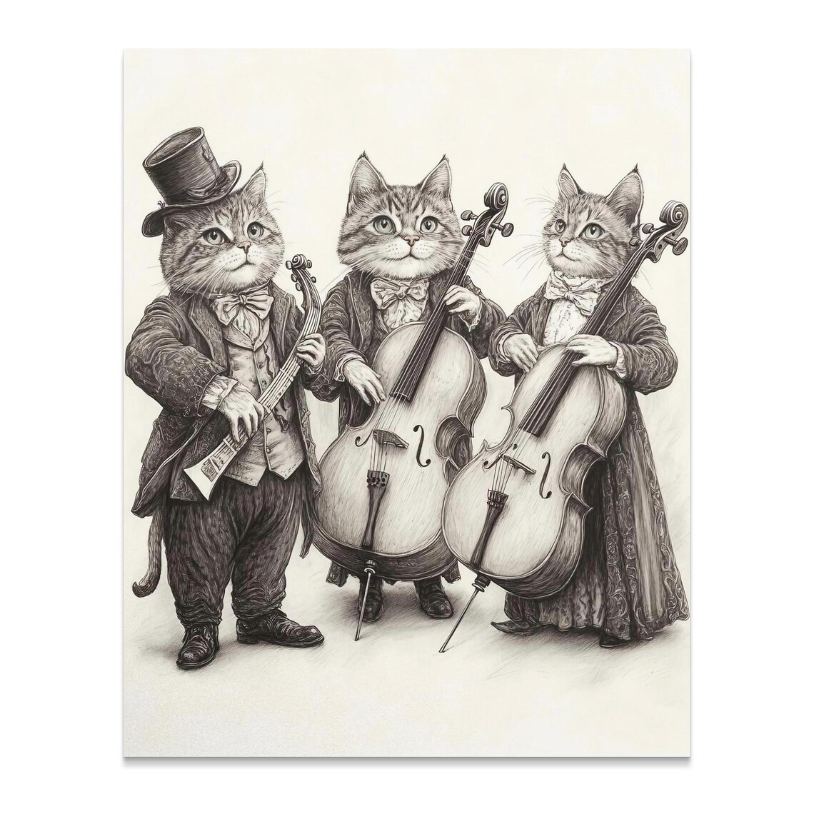 Cat Orchestra Playing Cellos Vintage Engraving Style Classical Wall Art - Image 2