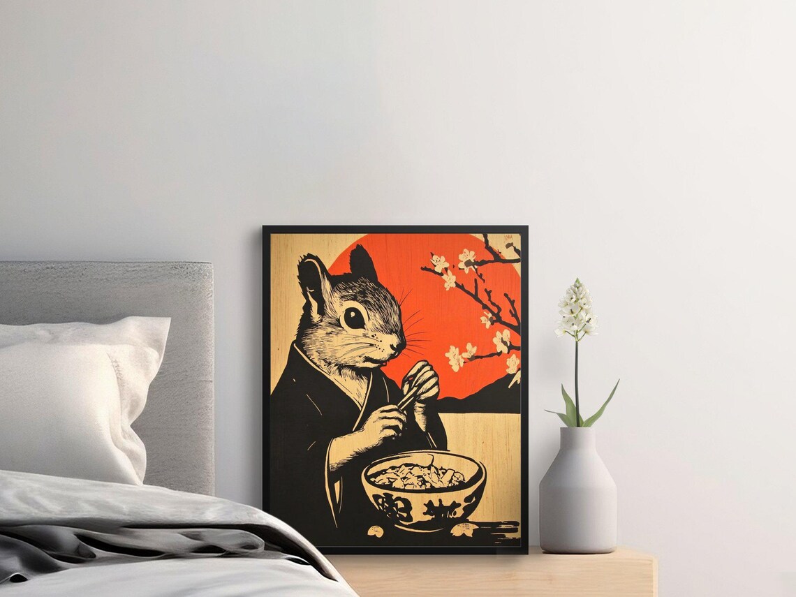 Squirrel Eating Ramen Japanese Woodblock Style Cute Kitchen Wall Art Poster - Image 2