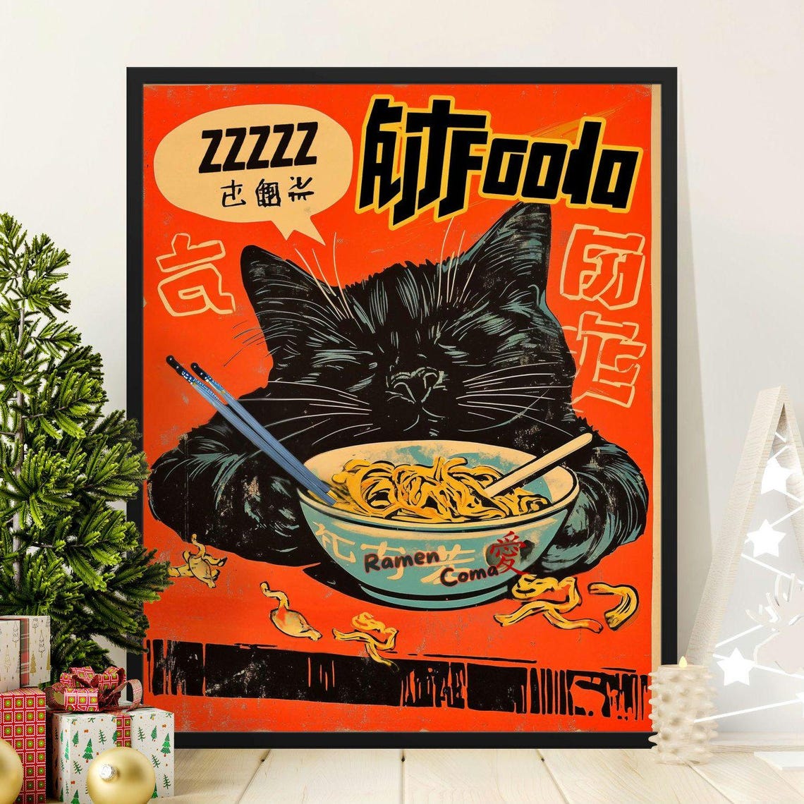 Ramen Coma Black Cat Sleeping Bowl Vintage Japanese Style Poster
