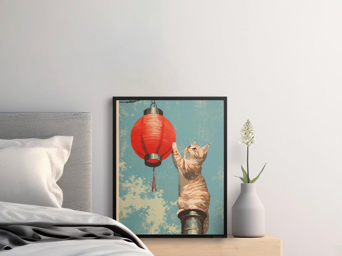 Ginger Kitten Reaching Red Paper Lantern Teal Vintage Art Poster - Image 2