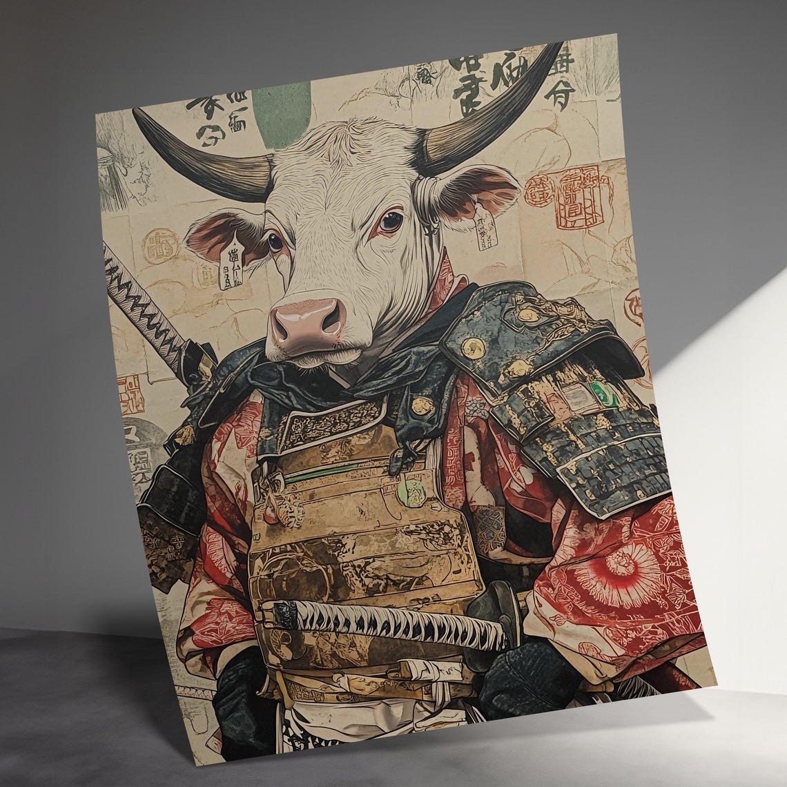 Cow Samurai Warrior In Japanese Armor With Katana Animal Art Poster - Image 3