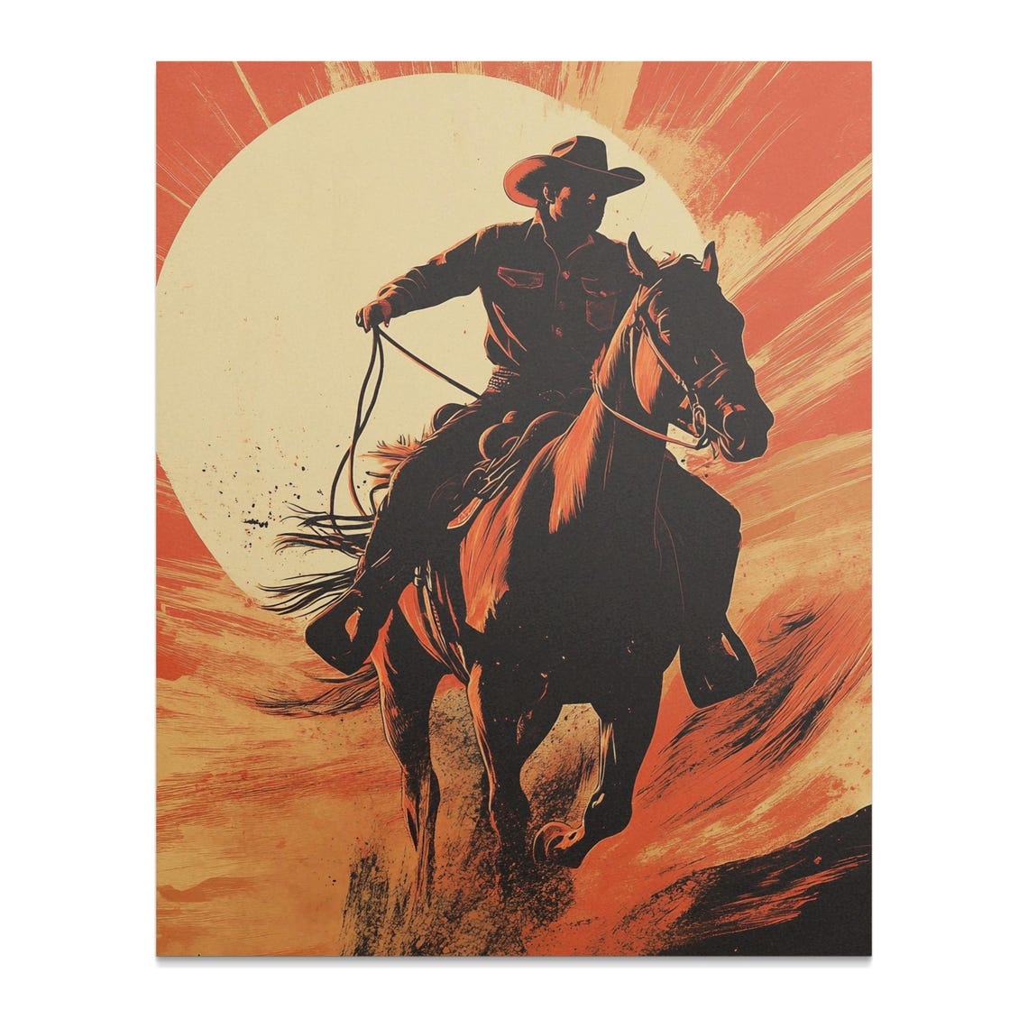 Cowboy On Rearing Horse Sunburst Silhouette Bold Retro Western Poster - Image 2