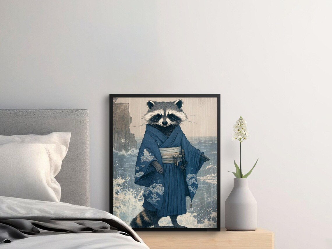 Raccoon In Blue Kimono Ocean Waves Japanese Style Wall Art Poster - Image 3