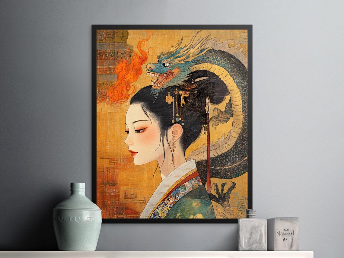 Elegant Asian Woman And Dragon Vintage Oriental Gold Fantasy Art Print - Image 2