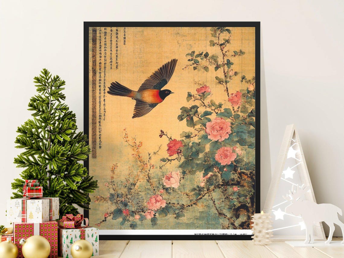 Flying Songbird Peonies Classical Chinese Floral Vintage Art Poster