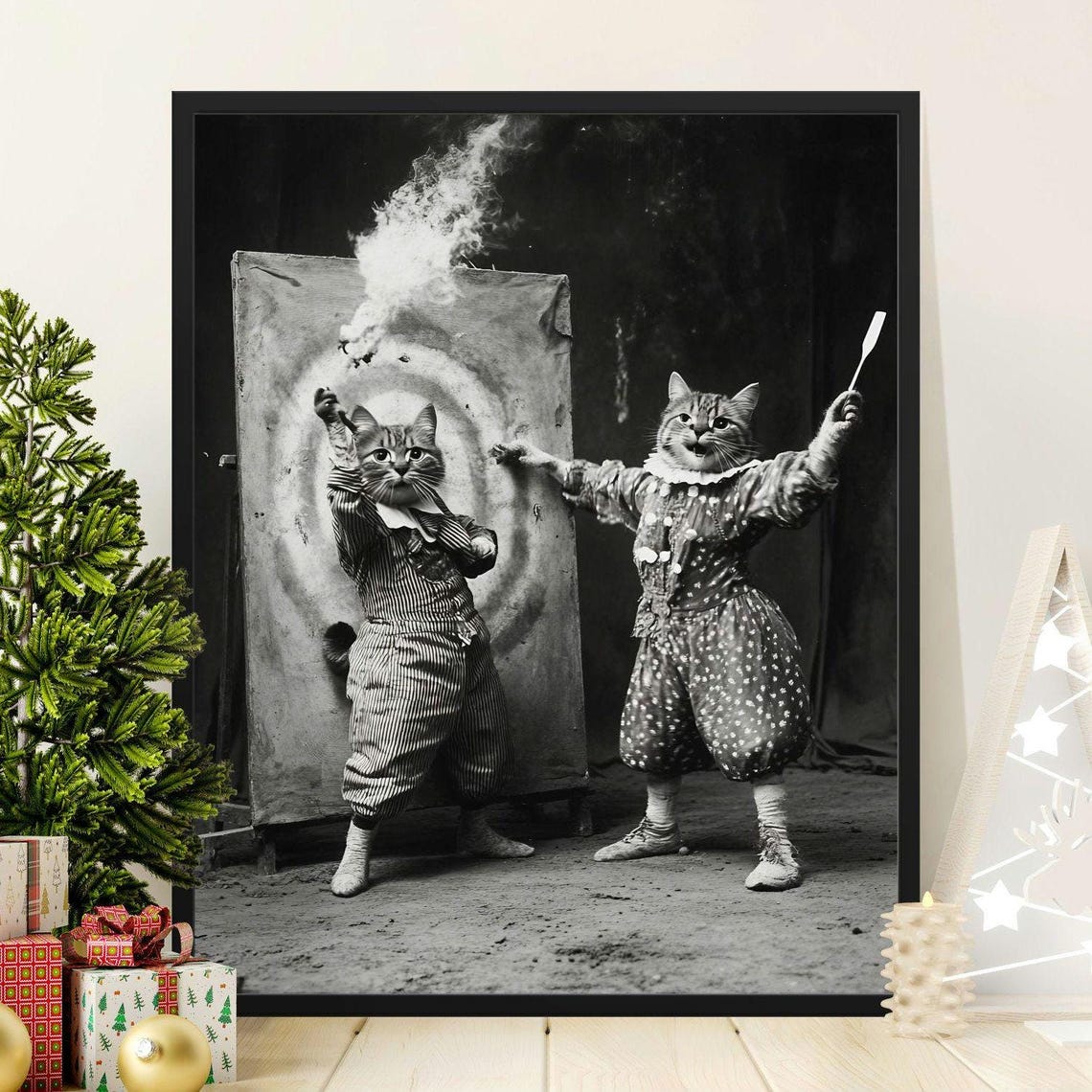 Vintage Circus Knife Throwing Cats Black And White Photo Poster