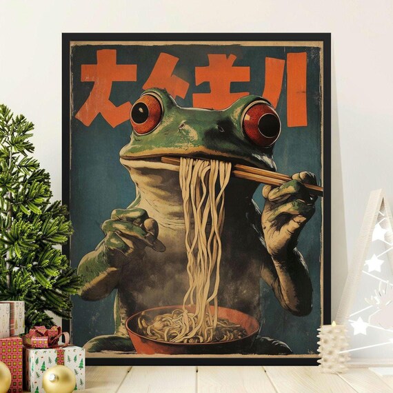 Retro Green Frog Eating Ramen Chopsticks Vintage Japanese Noodle Poster