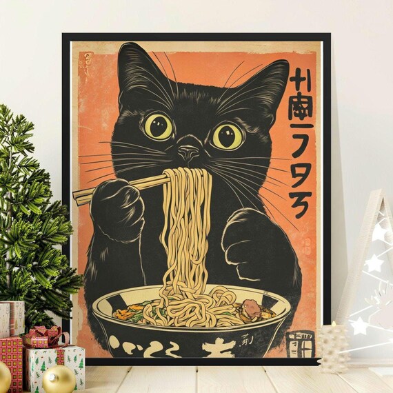 Adorable Black Cat Eating Ramen Noodles Vintage Japanese Kitchen Poster
