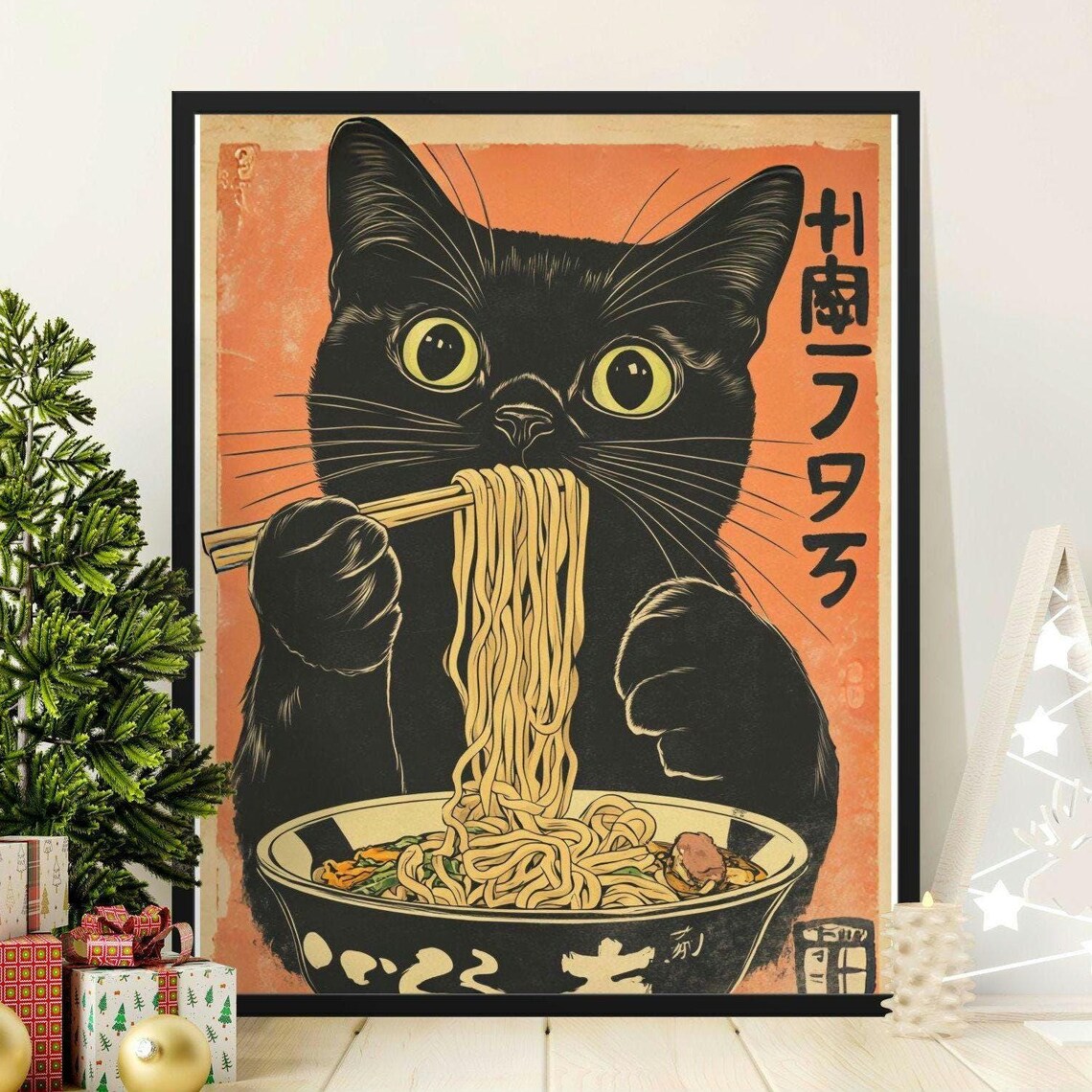 Adorable Black Cat Eating Ramen Noodles Vintage Japanese Kitchen Poster