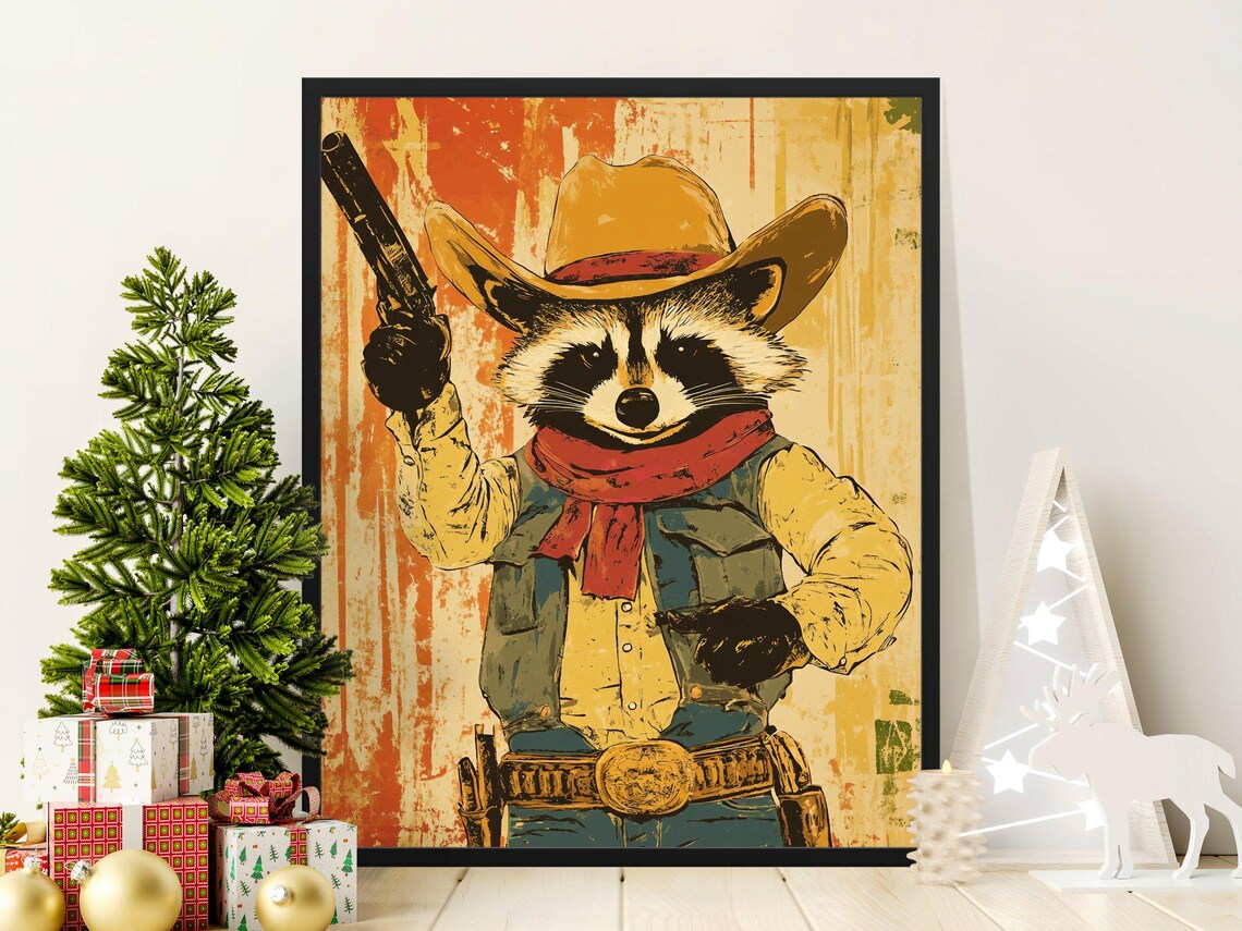 Raccoon Cowboy With Pistol Vintage Western Bandit Style Wall Art