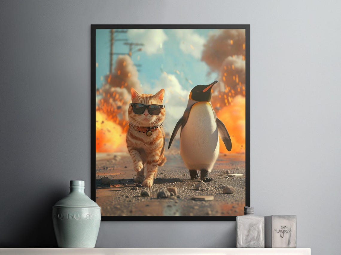 Cool Cat in Sunglasses and Penguin Walking From Explosion Poster - Image 2