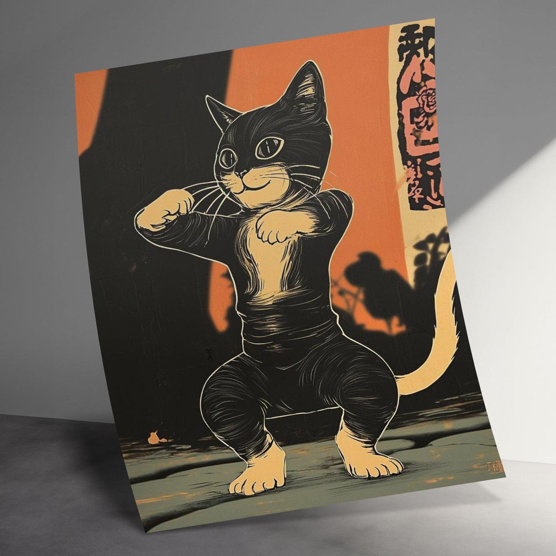 Kung Fu Cat In Martial Arts Stance Retro Japanese Orange Poster - Image 3