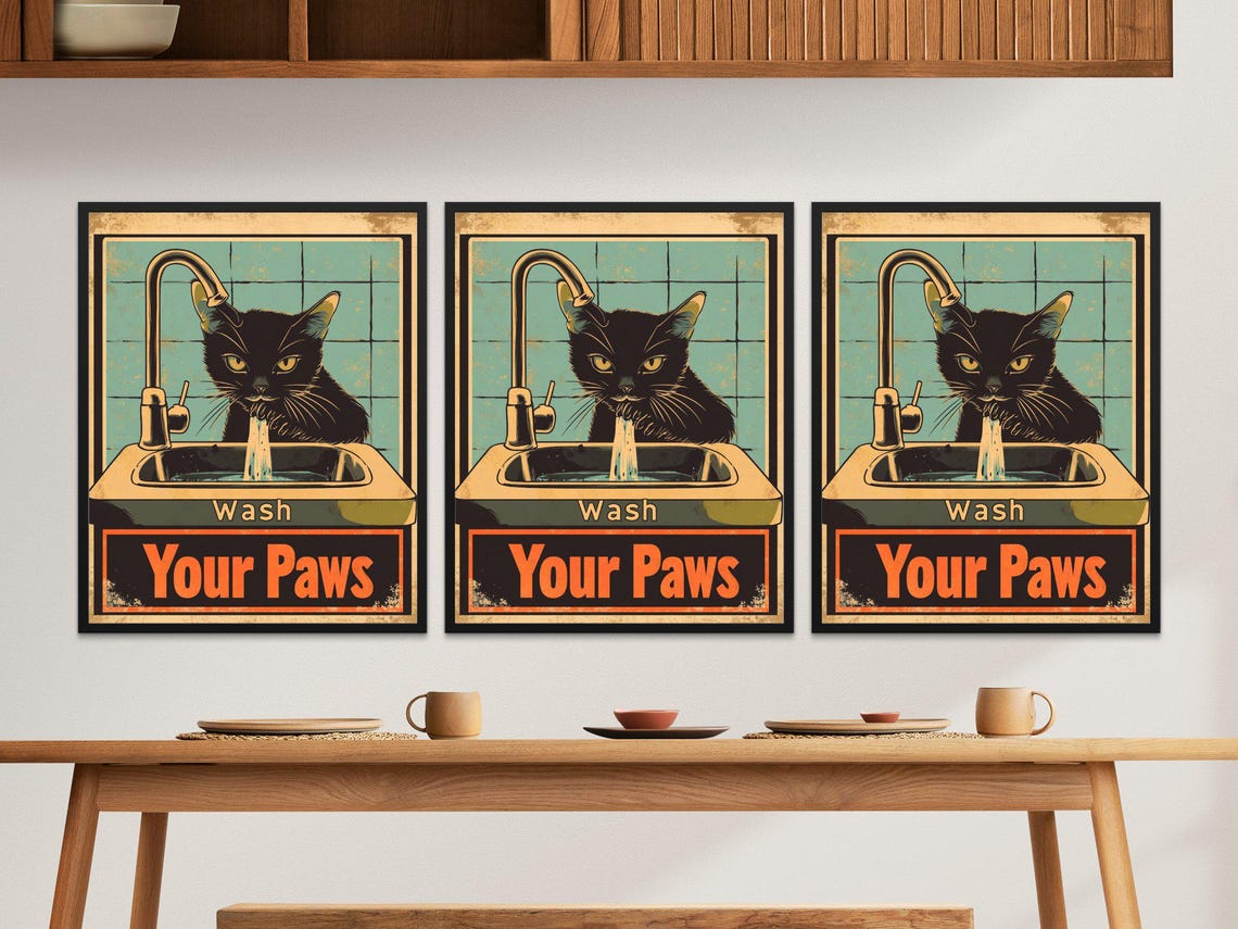 Black Cat Drinking From Faucet Wash Your Paws Funny Bathroom Poster - Image 2