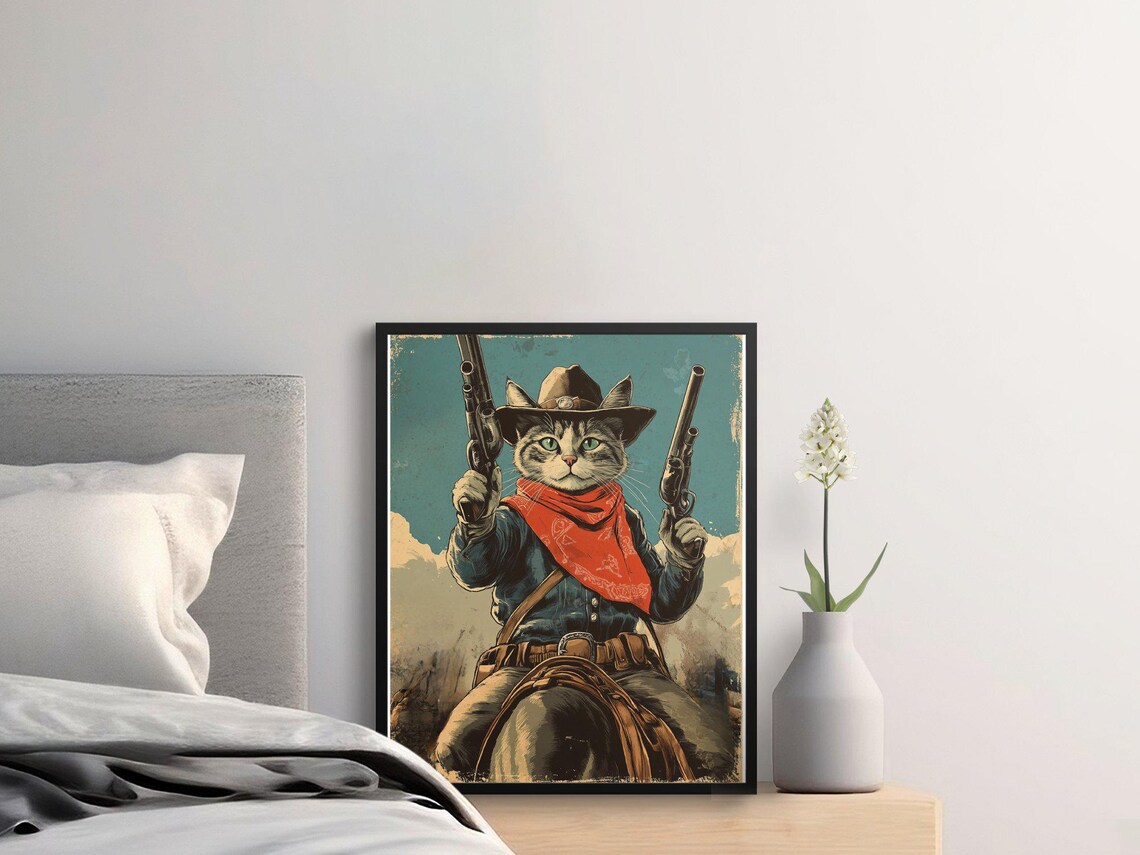 Cowboy Cat Dual Pistols Red Bandana Vintage Western Gunslinger Art Poster - Image 2