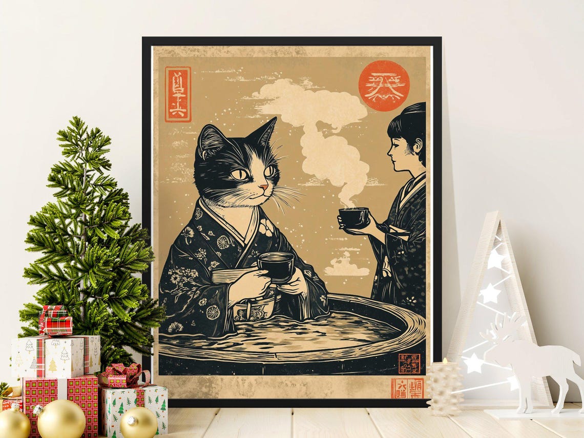 Cat in Kimono Drinking Tea With Geisha Ukiyo-e Japanese Scene Poster