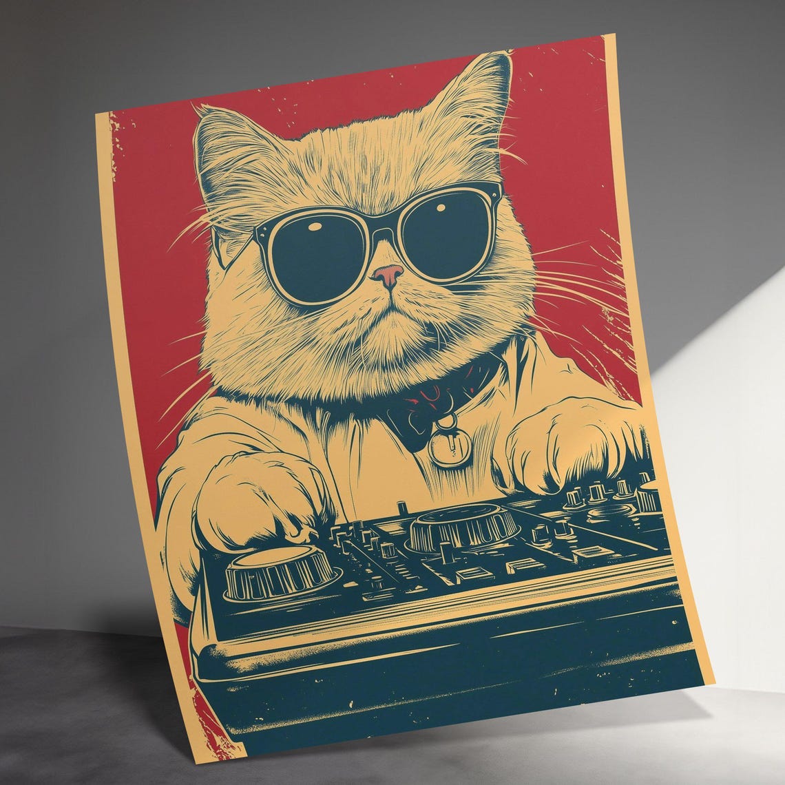 DJ Cat With Sunglasses Retro Pop Art Style Cool Music Feline Wall Art - Image 3