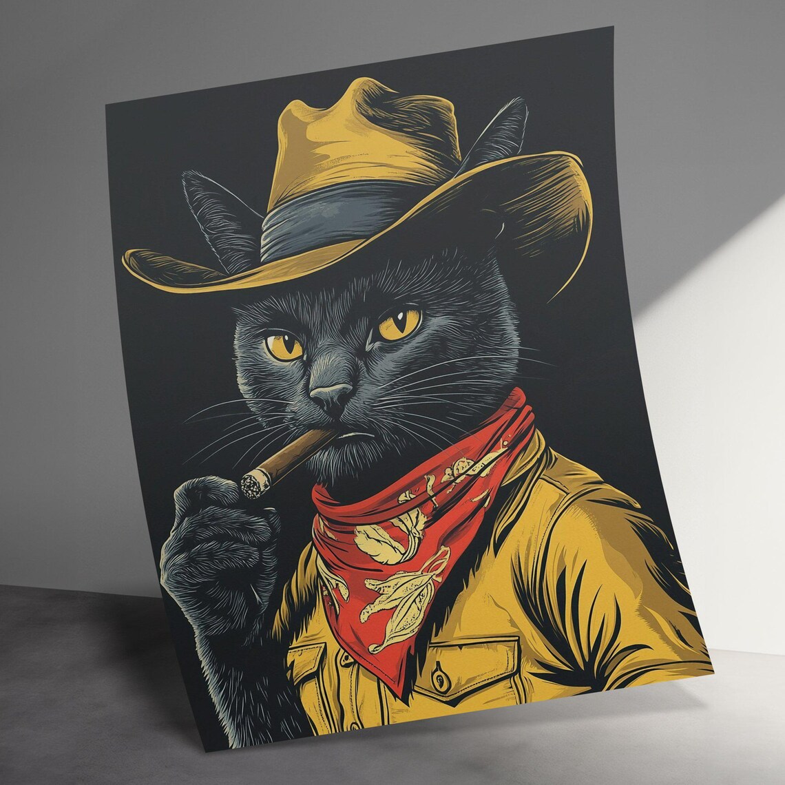Cowboy Black Cat Cigar Red Bandana Dark Moody Western Outlaw Art Poster - Image 3