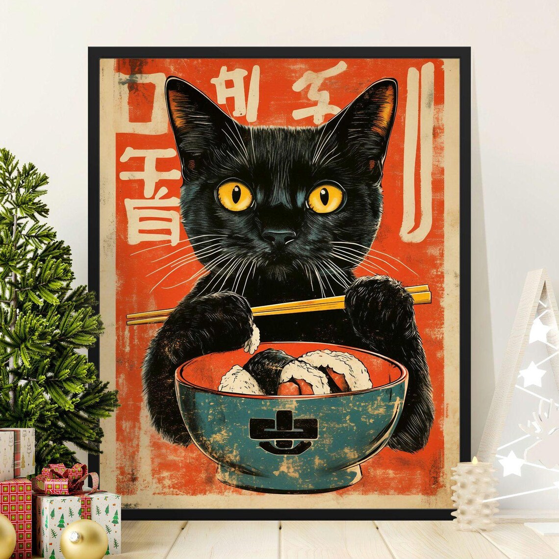 Black Cat Holding Bowl Of Sushi Chopsticks Red Retro Japanese Food Poster