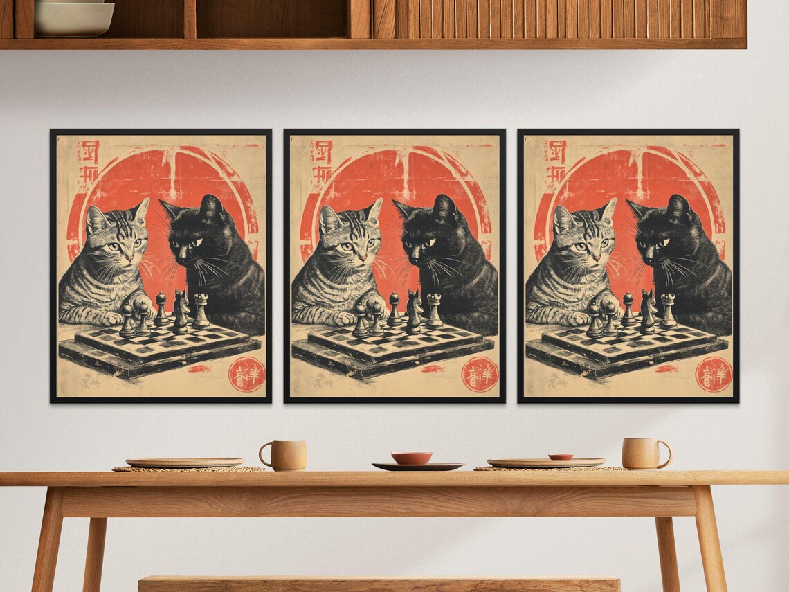 Vintage Cats Chess Game Art Print, Retro Feline Poster - Image 2