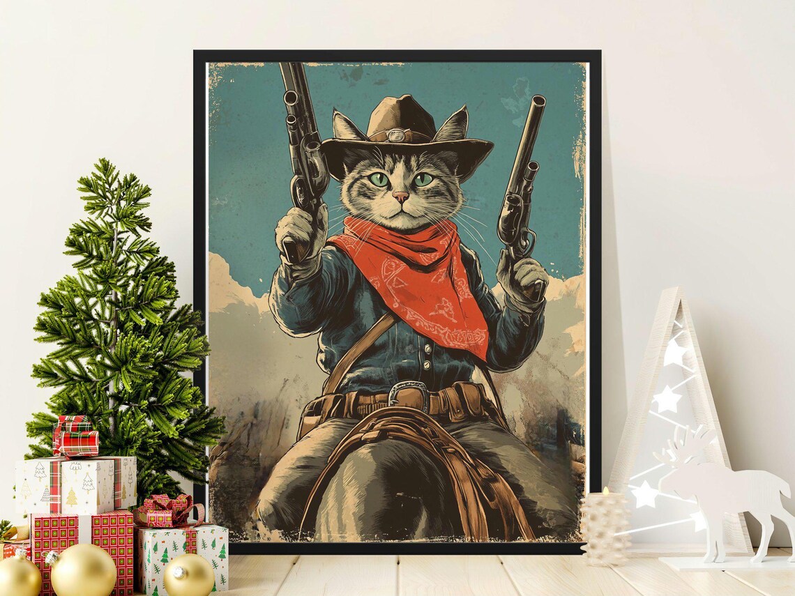 Cowboy Cat Dual Pistols Red Bandana Vintage Western Gunslinger Art Poster