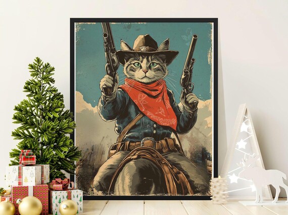 Cowboy Cat Dual Pistols Red Bandana Vintage Western Gunslinger Art Poster