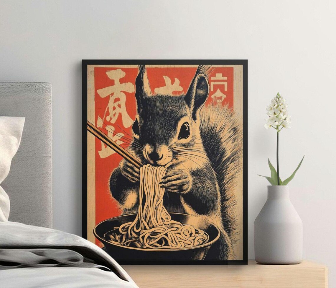 Cute Squirrel Ramen Art Print, Japanese Style Kitchen