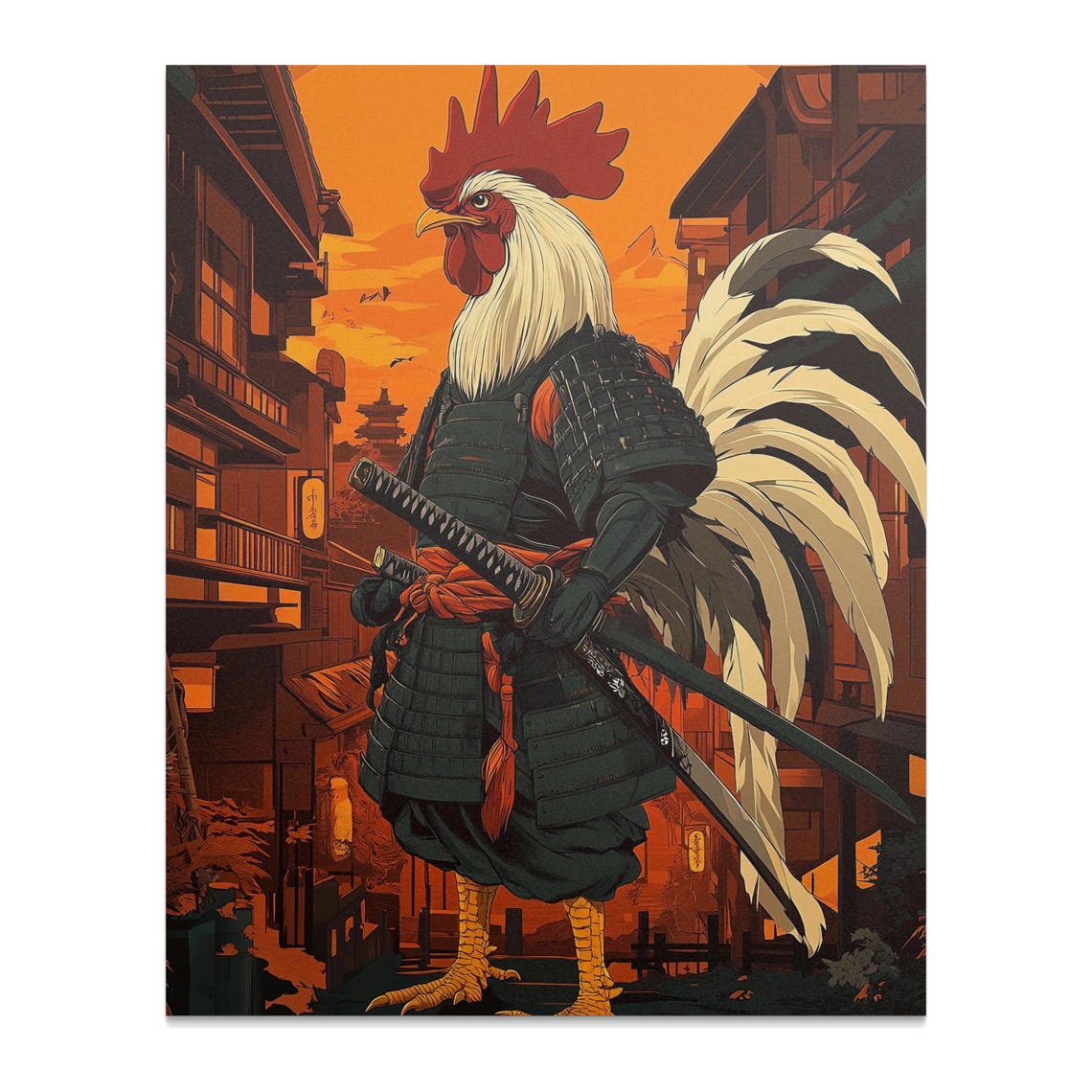 White Rooster Samurai Old Japan Street Sunset Katana Warrior Poster - Image 2