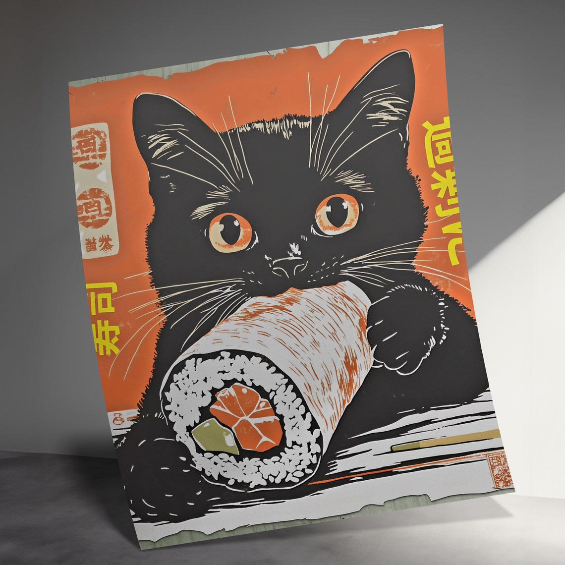 Black Cat Eating Giant Sushi Roll Retro Japanese Orange Poster - Image 3
